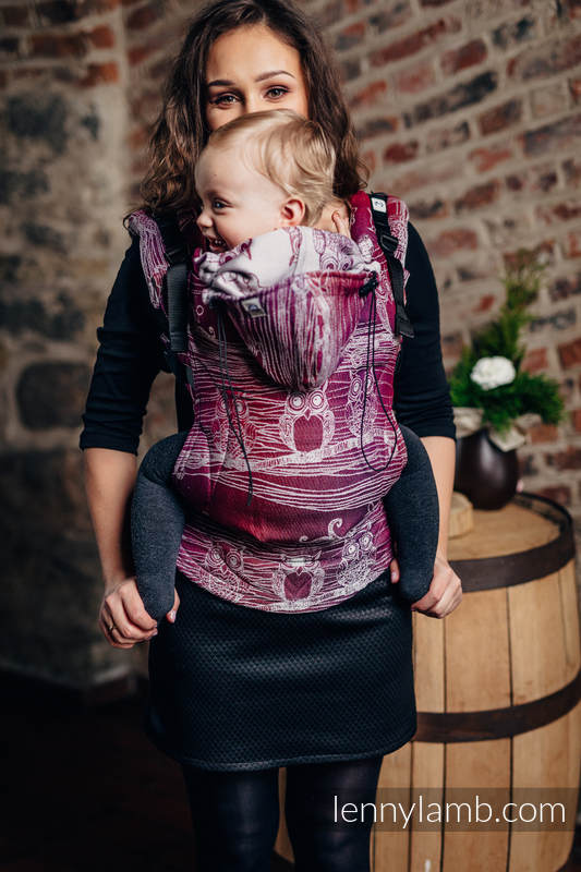 Porte-bébé ergonomique, taille bébé, jacquard 100% coton, BUBO OWLS - LOST IN BORDEAUX - Deuxième génération #babywearing