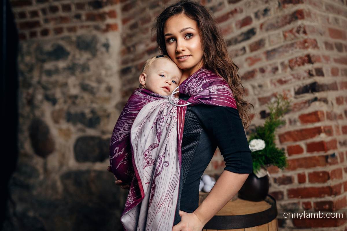 Żakardowa chusta kółkowa do noszenia dzieci, bawełna, ramię bez zakładek - SOWY BUBO - ZAGUBIONE W BURGUNDII - long 2.1m #babywearing