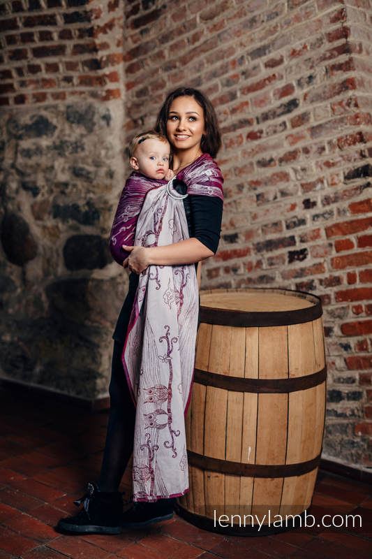 Żakardowa chusta kółkowa do noszenia dzieci, bawełna - SOWY BUBO - ZAGUBIONE W BURGUNDII - long 2.1m #babywearing