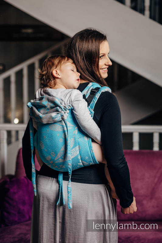 Lenny Buckle Onbuhimo baby carrier, standard size, jacquard weave (66% cotton, 34% bamboo) - DRAGONFLY GREY & TURQUOISE #babywearing