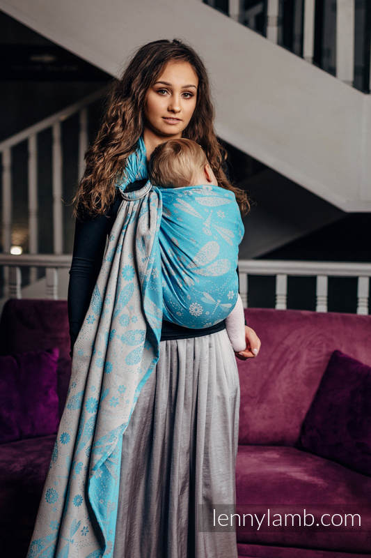 Ringsling, Jacquard Weave (66% cotton, 34% bamboo), with gathered shoulder - DRAGONFLY GREY & TURQUOISE - long 2.1m #babywearing