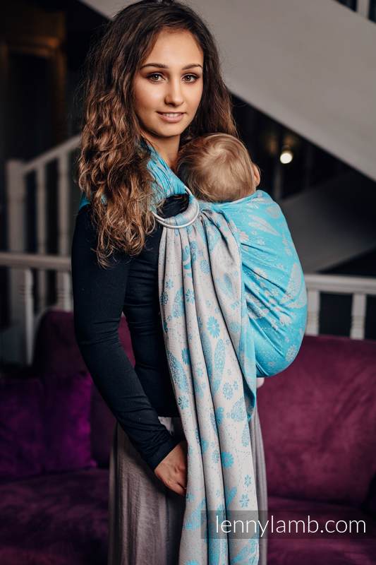 Żakardowa chusta kółkowa do noszenia dzieci, 66% bawełna, 34% bambus, ramię bez zakładek - WAŻKI SZARY Z TURKUSEM - long 2.1m #babywearing