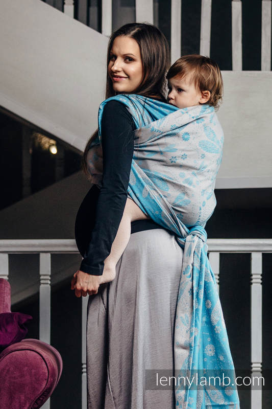 Żakardowa chusta do noszenia dzieci, 66% bawełna, 34% bambus - WAŻKI SZARY Z TURKUSEM - rozmiar M #babywearing