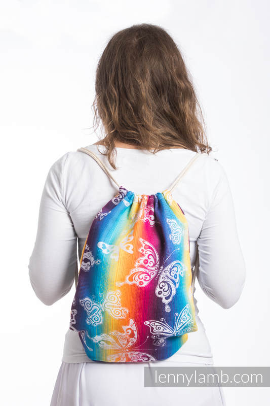 Mochila portaobjetos hecha de tejido de fular (100% algodón) - BUTTERFLY RAINBOW LIGHT - talla estándar 32cmx43cm #babywearing