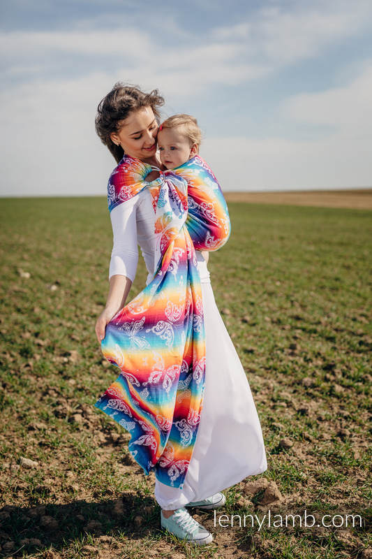 Ringsling, Jacquard Weave (100% cotton) - with gathered shoulder - BUTTERFLY RAINBOW LIGHT - long 2.1m #babywearing