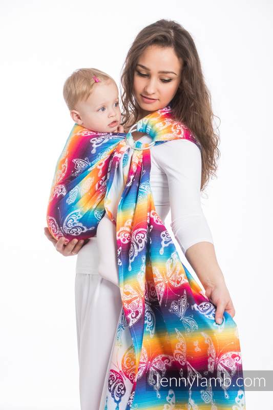 Bandolera de anillas, tejido Jacquard (100% algodón) - BUTTERFLY RAINBOW LIGHT - long 2.1m #babywearing