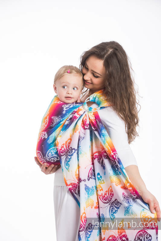 Żakardowa chusta kółkowa do noszenia dzieci, bawełna - TĘCZOWY MOTYL LIGHT - long 2.1m #babywearing