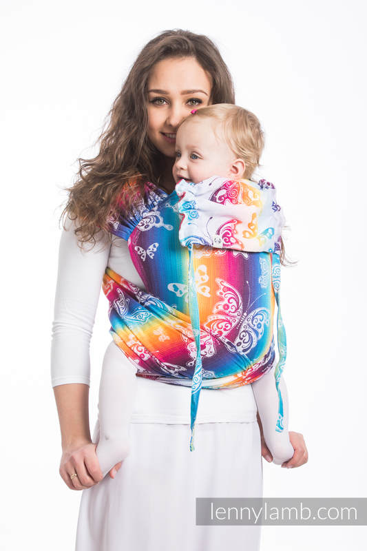 WRAP-TAI portabebé Mini con capucha/ jacquard sarga/100% algodón/ BUTTERFLY RAINBOW LIGHT #babywearing