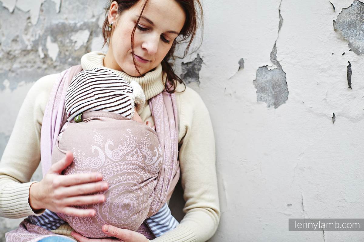 Baby Wrap, Jacquard Weave (100% cotton) - Indian Peacock - Pink&Coffee - size S #babywearing