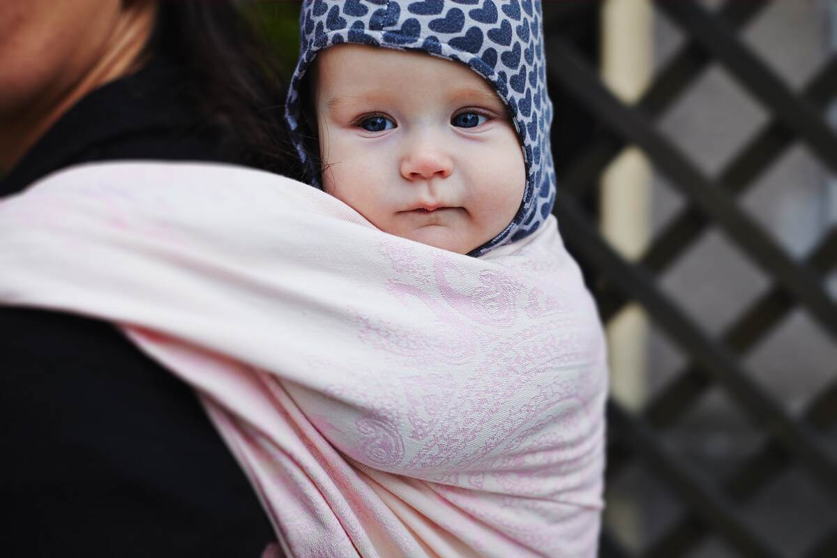Żakardowa chusta do noszenia dzieci, bawełna - Paw Indyjski - Różowy z Bielą - rozmiar S #babywearing