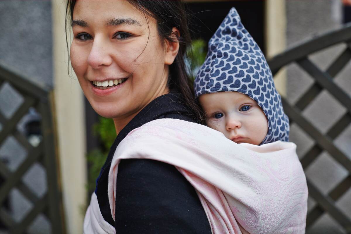 Żakardowa chusta do noszenia dzieci, bawełna - Paw Indyjski - Różowy z Bielą - rozmiar S #babywearing