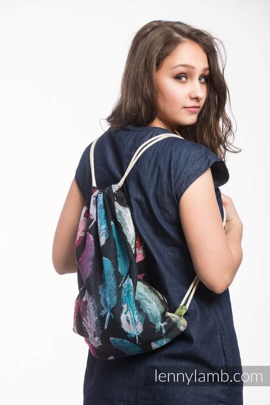 Sackpack made of wrap fabric (100% cotton) - PAINTED FEATHERS RAINBOW DARK - standard size 32cmx43cm #babywearing