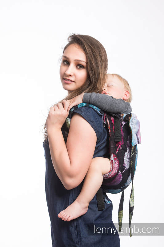 Lenny Buckle Onbuhimo baby carrier, toddler size, jacquard weave (100% cotton) - PAINTED FEATHERS RAINBOW DARK #babywearing
