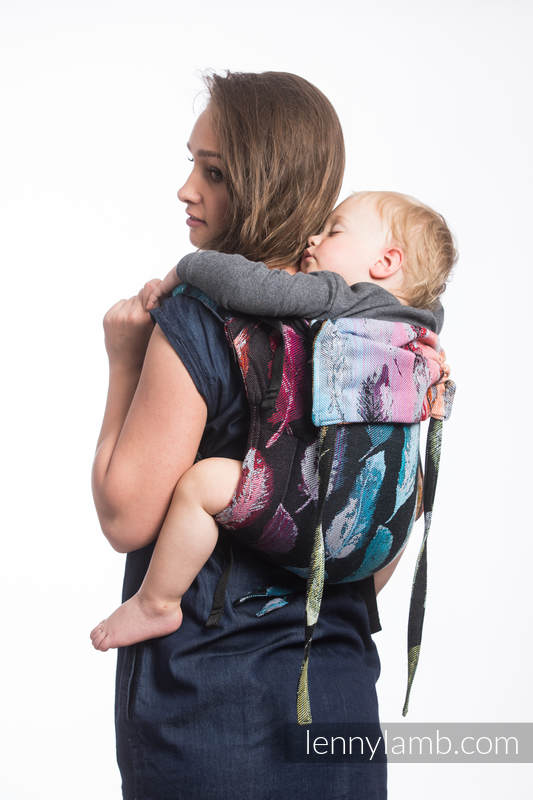 Nosidło Klamrowe ONBUHIMO z tkaniny żakardowej (100% bawełna), rozmiar Toddler - MALOWANE PIÓRA TĘCZA DARK #babywearing