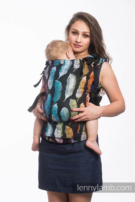 Nosidełko LennyUp z tkaniny żakardowej 100% bawełna , rozmiar standard, MALOWANE PIÓRA TĘCZA DARK #babywearing