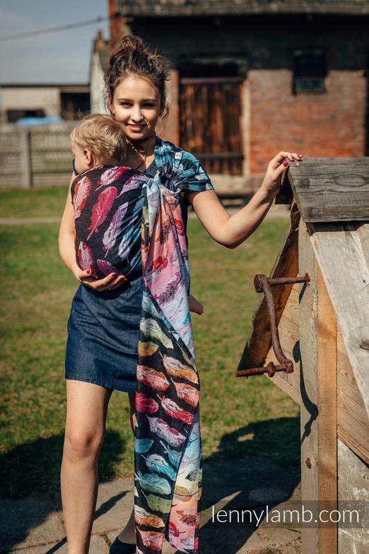 Ringsling, Jacquard Weave (100% cotton) - with gathered shoulder - PAINTED FEATHERS RAINBOW DARK - long 2.1m #babywearing