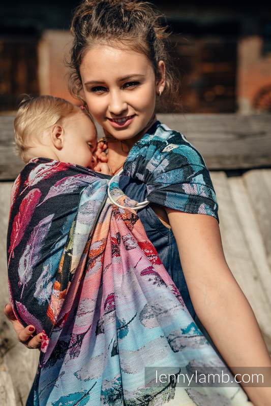 Żakardowa chusta kółkowa do noszenia dzieci, 100% bawełna, ramię bez zakładek - MALOWANE PIÓRA TĘCZA DARK - long 2.1m #babywearing