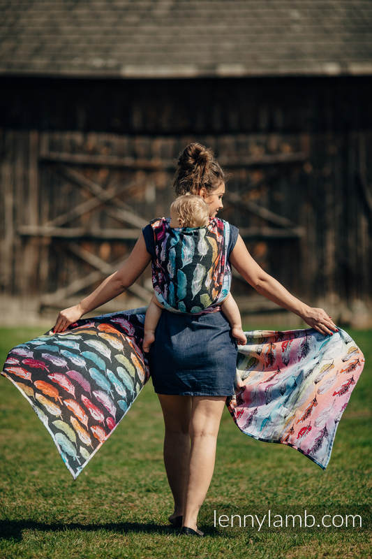 Baby Wrap, Jacquard Weave (100% cotton) - PAINTED FEATHERS RAINBOW DARK - size S #babywearing