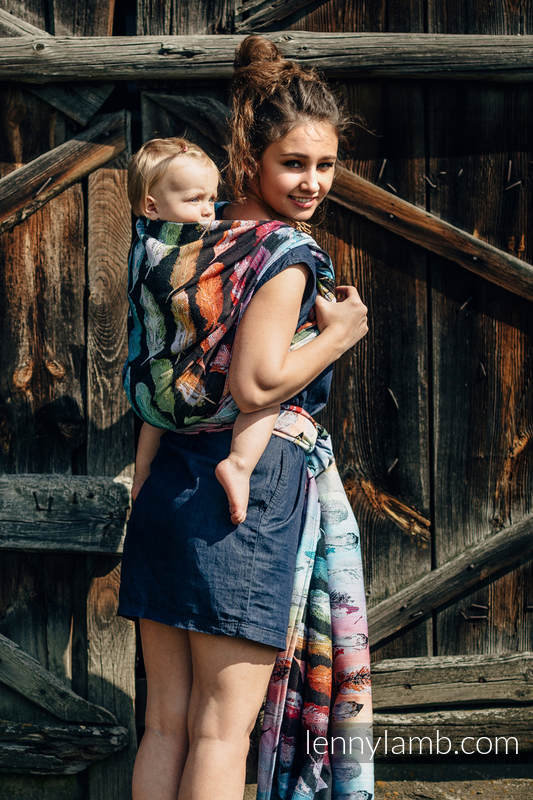 Baby Wrap, Jacquard Weave (100% cotton) - PAINTED FEATHERS RAINBOW DARK - size S #babywearing