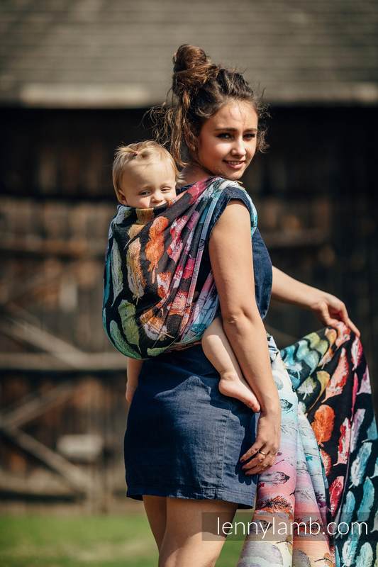 Baby Wrap, Jacquard Weave (100% cotton) - PAINTED FEATHERS RAINBOW DARK - size L #babywearing