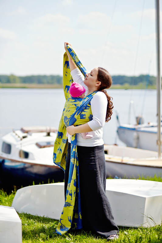 Żakardowa chusta do noszenia dzieci, bawełna - Safari Niebiesko-Żółte - rozmiar S #babywearing