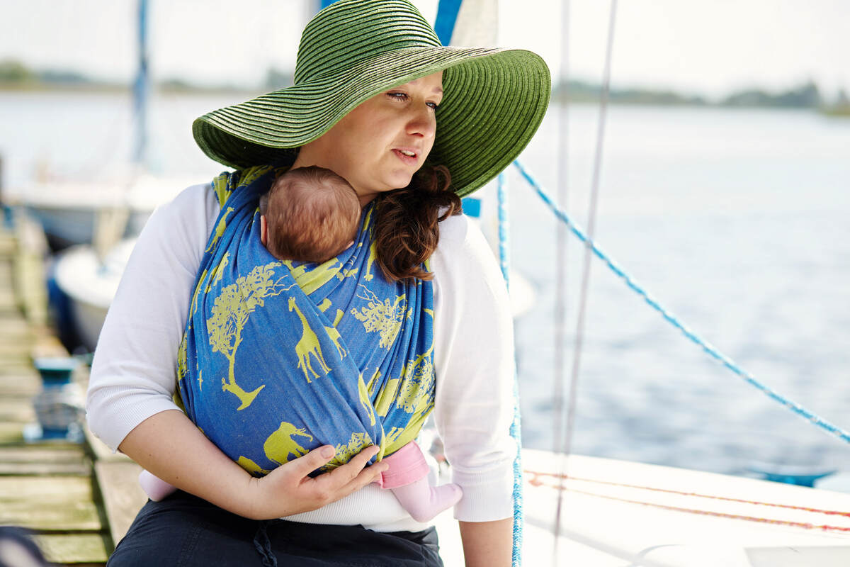 Żakardowa chusta do noszenia dzieci, bawełna - Safari Niebiesko-Żółte - rozmiar S #babywearing