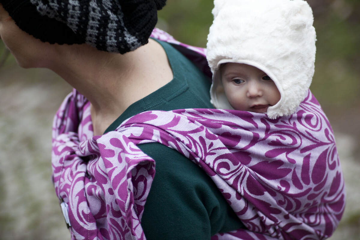 Baby Wrap, Jacquard Weave (100% cotton) - Twisted Leaves Purple & White - size S #babywearing