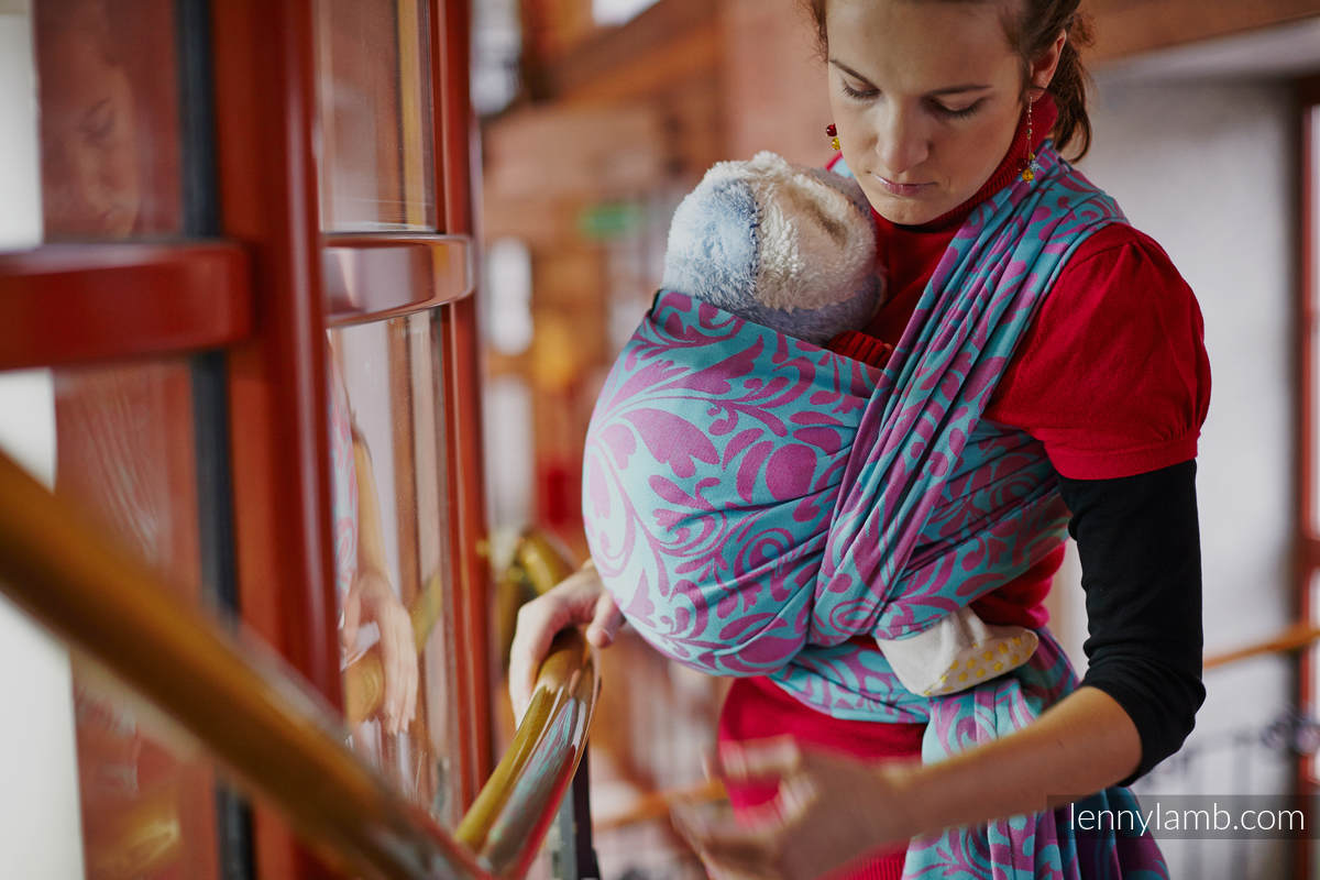 Baby Wrap, Jacquard Weave (100% cotton) - Twisted Leaves Turquoise & Pink - size S #babywearing