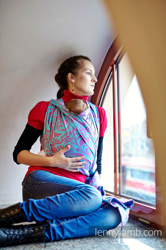 Baby Wrap, Jacquard Weave (100% cotton) - Twisted Leaves Turquoise & Pink - size S #babywearing
