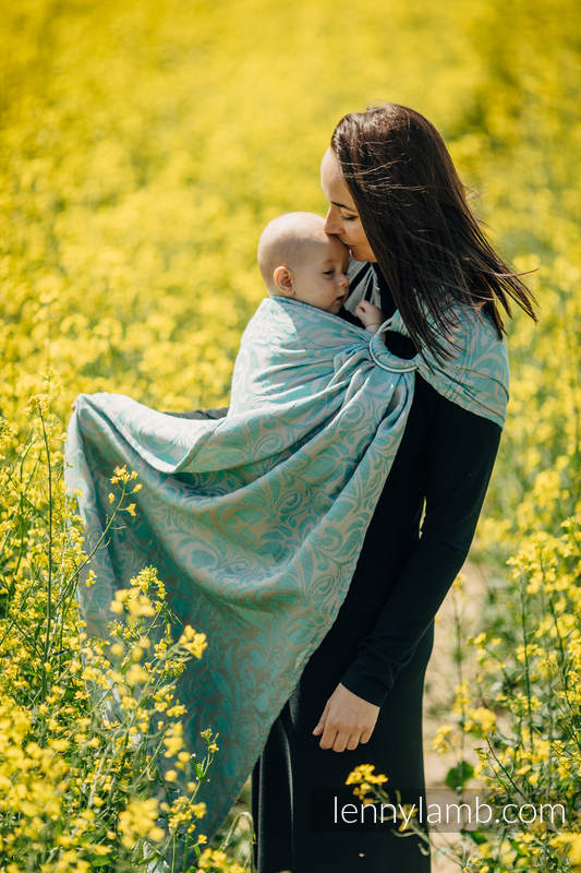 Żakardowa chusta kółkowa do noszenia dzieci - (76%bawełna, 12%len, 7%jedwab, 5% baby alpaca) - ZAKRĘCONE LIŚCIE POWIEW LATA - long 2.1m #babywearing