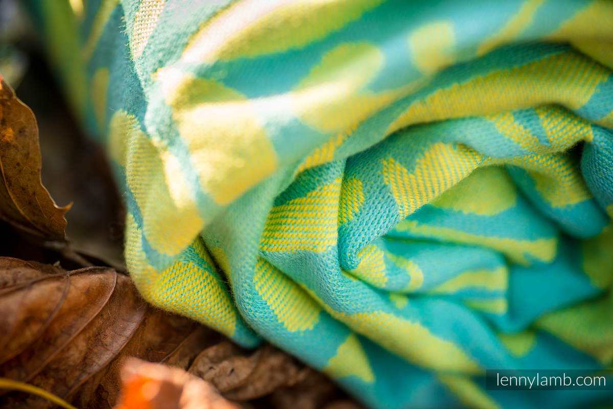Zakręcone Liście Turkus z Żółtym, tkanina żakardowa, 100% bawełna, szerokość 70 cm, gramatura 280 g/m² #babywearing