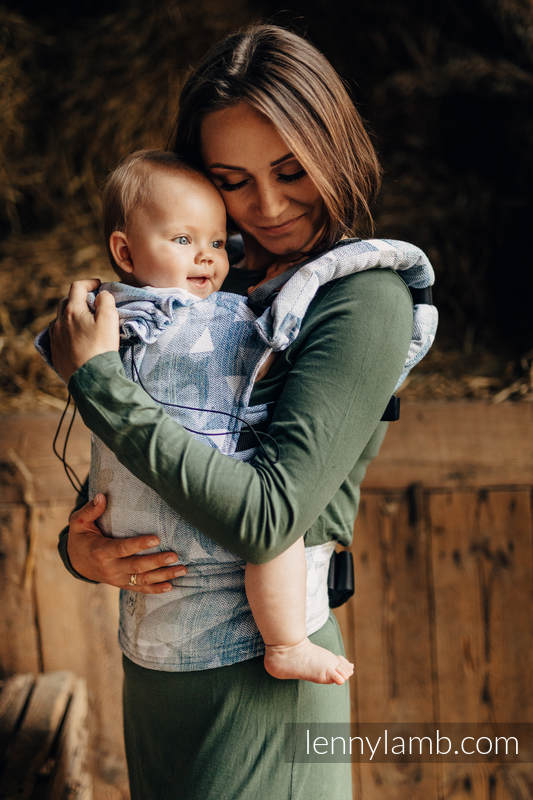 Mochila ergonómica, talla bebé, jacquard (62% algodón, 38% seda) - SWALLOWS - OVER CLOUDS - Segunda generación #babywearing