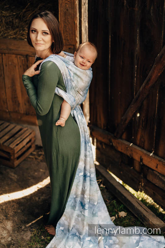 Żakardowa chusta do noszenia dzieci - 62% bawełna 38% jedwab - JASKÓŁKI - PONAD CHMURAMI - rozmiar S #babywearing