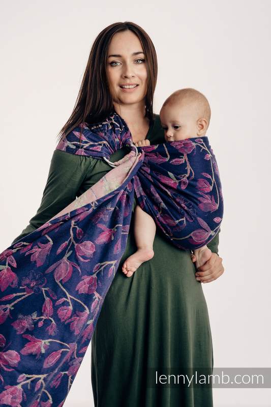 Żakardowa chusta kółkowa do noszenia dzieci, 100% bawełna, ramię bez zakładek - TAJEMNICZA MAGNOLIA - long 2.1m (drugi gatunek) #babywearing