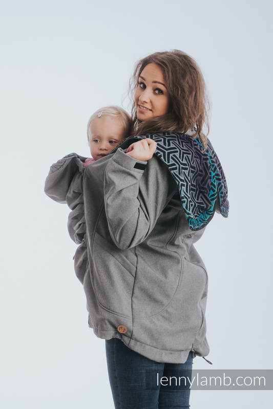 Kurtka do noszenia dzieci - Softshell - Szary Melanż z Trinity Kosmos - rozmiar S #babywearing