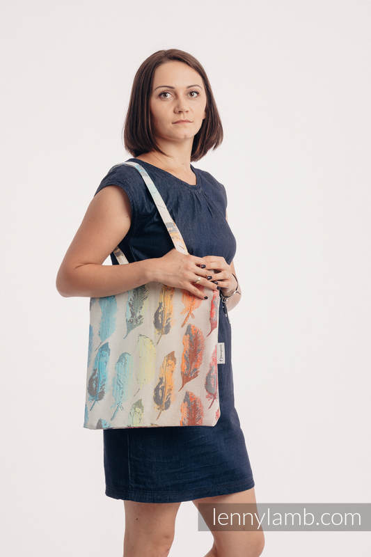 Shopping bag made of wrap fabric (100% cotton) - PAINTED FEATHERS RAINBOW LIGHT #babywearing