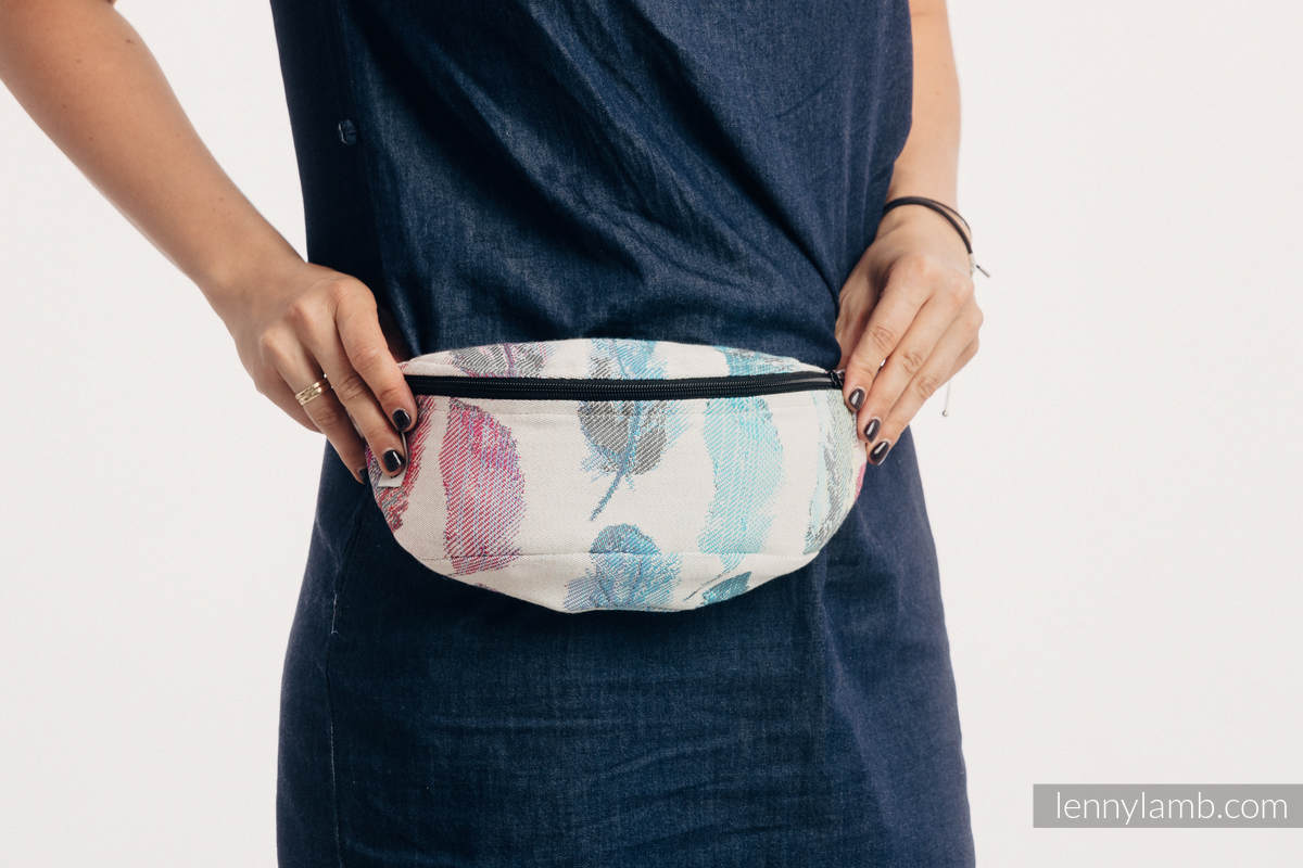 Waist Bag made of woven fabric, (100% cotton) - PAINTED FEATHERS RAINBOW LIGHT #babywearing