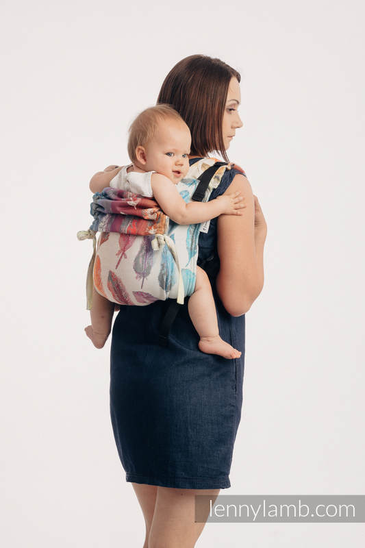 Nosidło Klamrowe ONBUHIMO z tkaniny żakardowej, 100% bawełna, rozmiar Standard - MALOWANE PIÓRA TĘCZA LIGHT #babywearing