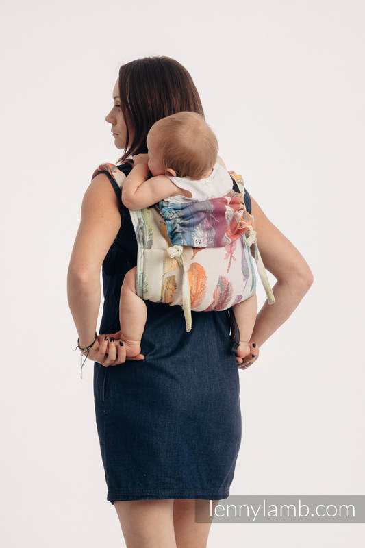 Lenny Buckle Onbuhimo baby carrier, toddler size, jacquard weave (100% cotton) - PAINTED FEATHERS RAINBOW LIGHT #babywearing