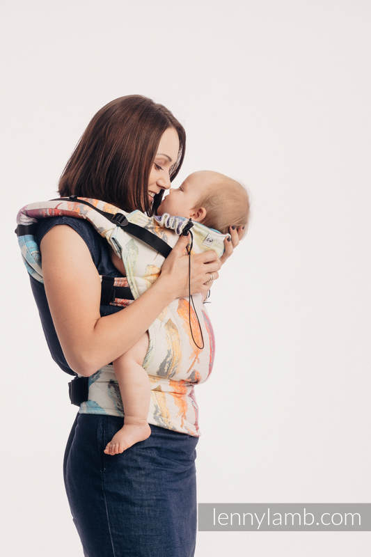 Ergonomic Carrier, Baby Size, jacquard weave 100% cotton - PAINTED FEATHERS RAINBOW LIGHT - Second Generation #babywearing