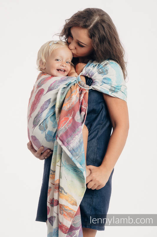 Ringsling, Jacquard Weave (100% cotton) - with gathered shoulder - PAINTED FEATHERS RAINBOW LIGHT - long 2.1m (grade B) #babywearing