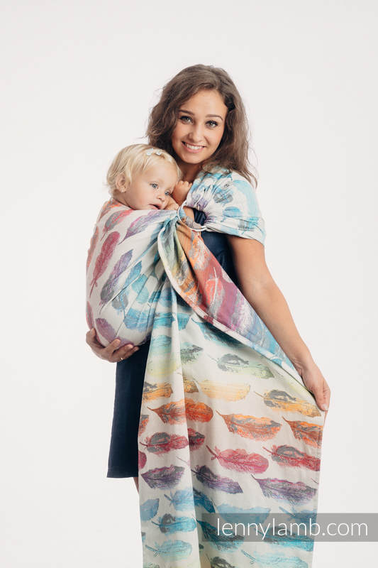 Ringsling, Jacquard Weave (100% cotton) - with gathered shoulder - PAINTED FEATHERS RAINBOW LIGHT - long 2.1m (grade B) #babywearing