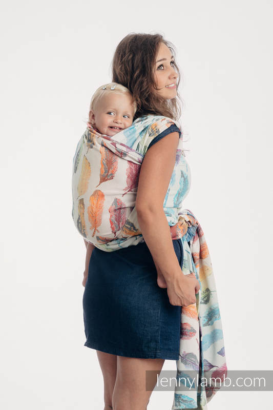 Żakardowa chusta do noszenia dzieci, 100% bawełna - MALOWANE PIÓRA TĘCZA LIGHT - rozmiar L (drugi gatunek) #babywearing