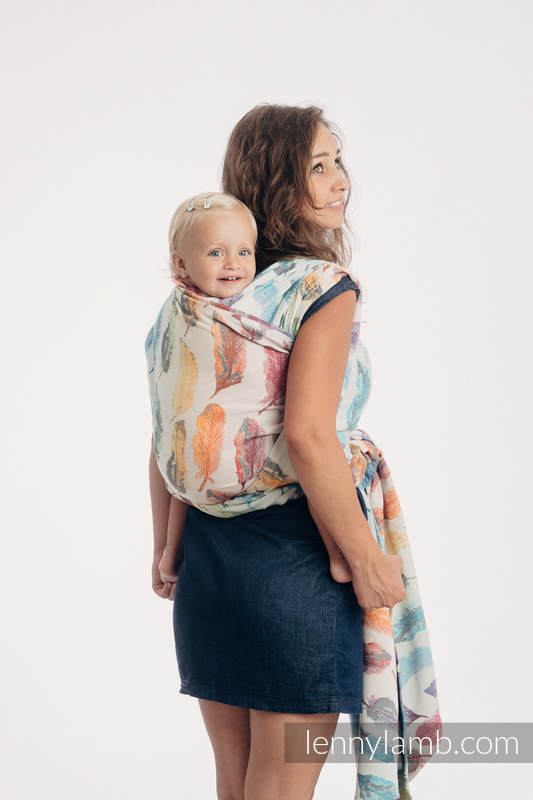 Żakardowa chusta do noszenia dzieci, 100% bawełna - MALOWANE PIÓRA TĘCZA LIGHT - rozmiar M #babywearing