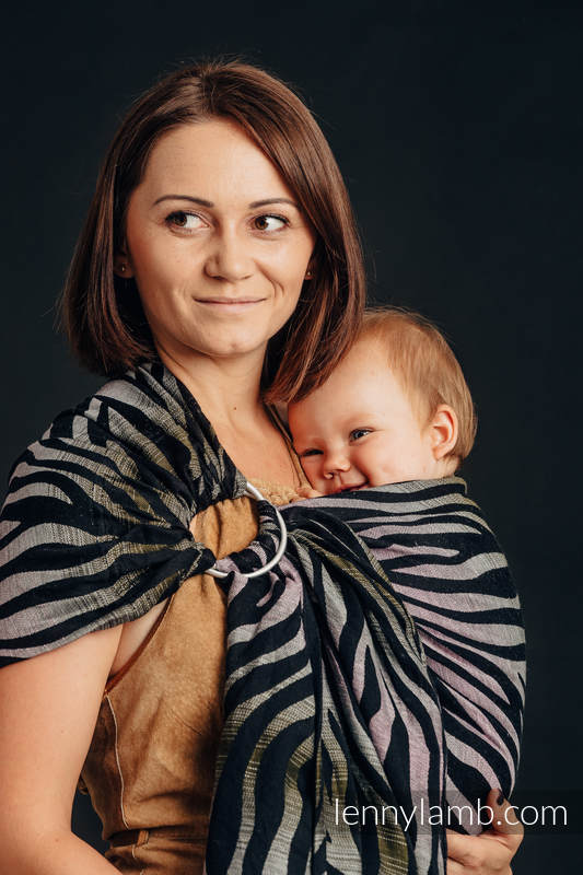 Żakardowa chusta kółkowa do noszenia dzieci (65% bawełna, 35% len) ramię bez zakładek - ZEBRA - CIEŃ AKACJI - standard 1.8m #babywearing