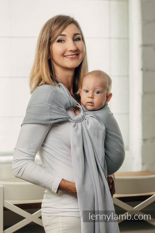 Chusta kółkowa do noszenia dzieci, tkana splotem jodełkowym, bawełna, ramię bez zakładek - MAŁA JODEŁKA SZARA - long 2.1m (drugi gatunek) #babywearing