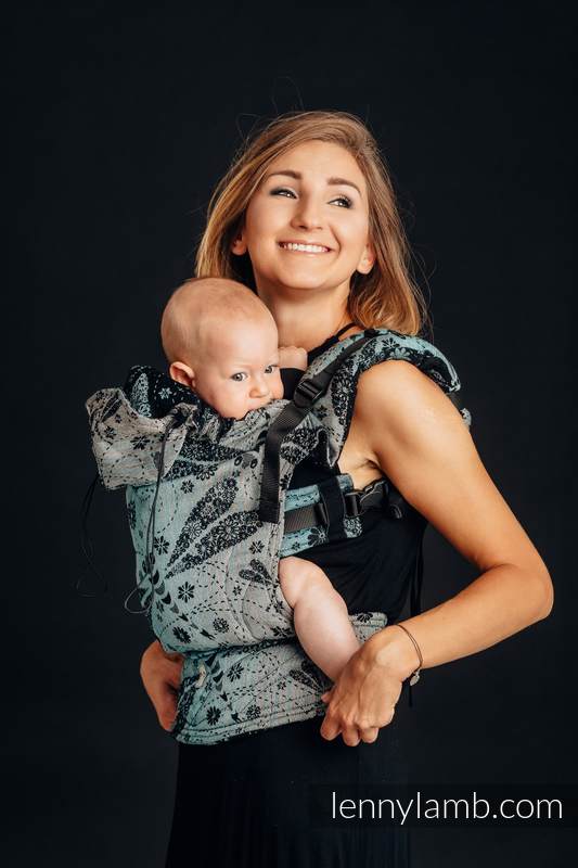 Ergonomic Carrier, Baby Size, jacquard weave 60% cotton 28% linen 12% tussah silk - DRAGONFLY - TWO ELEMENTS, Second Generation #babywearing