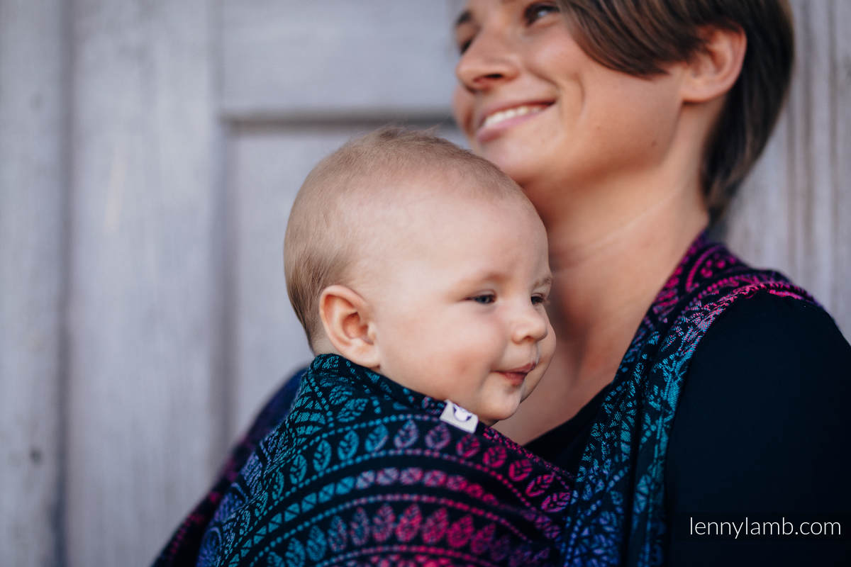 Baby Wrap, Jacquard Weave (60% cotton, 28% Merino wool, 8% silk, 4% cashmere) - PEACOCK'S TAIL - BLACK OPAL - size XL #babywearing