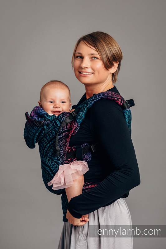 Mochila ergonómica, talla bebé, jacquard (60% algodón, 28% lana merino, 8% seda, 4% cachemira) - PEACOCK'S TAIL - BLACK OPAL - Segunda generación #babywearing