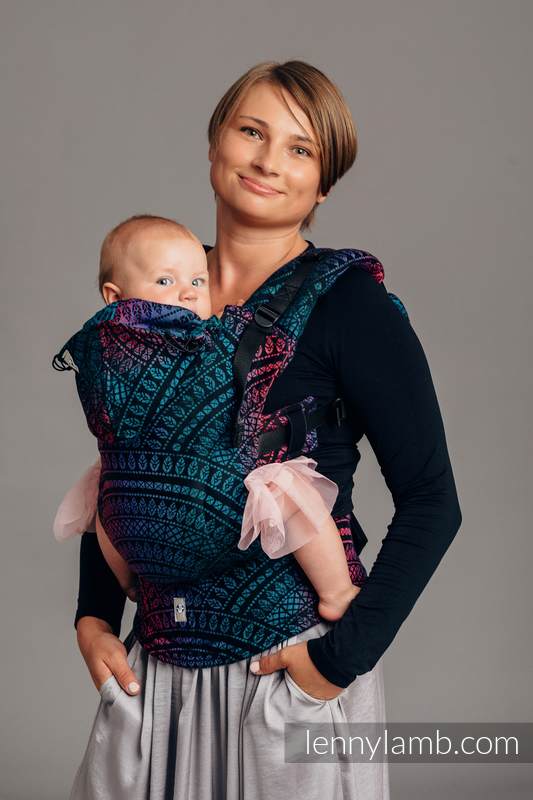 Mochila ergonómica, talla Toddler, jacquard (60% algodón, 28% lana merino, 8% seda, 4% cachemira) - PEACOCK'S TAIL - BLACK OPAL - Segunda generación #babywearing